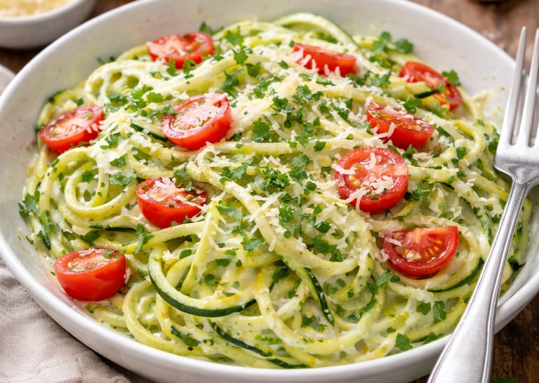 Prato de espaguete de abobrinha com molho de iogurte e limão, opção de jantar saudável e leve