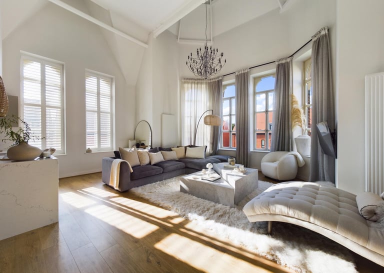 Modernes, lichtdurchflutetes Wohnzimmer mit hohen Decken, grossen Fenstern und stilvoller Einrichtun