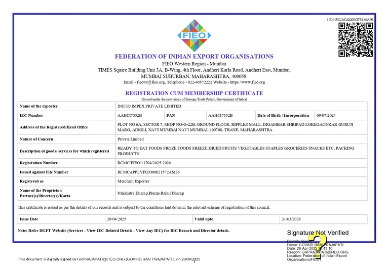 FIEO RCMC certificate Mumbai India Export ready