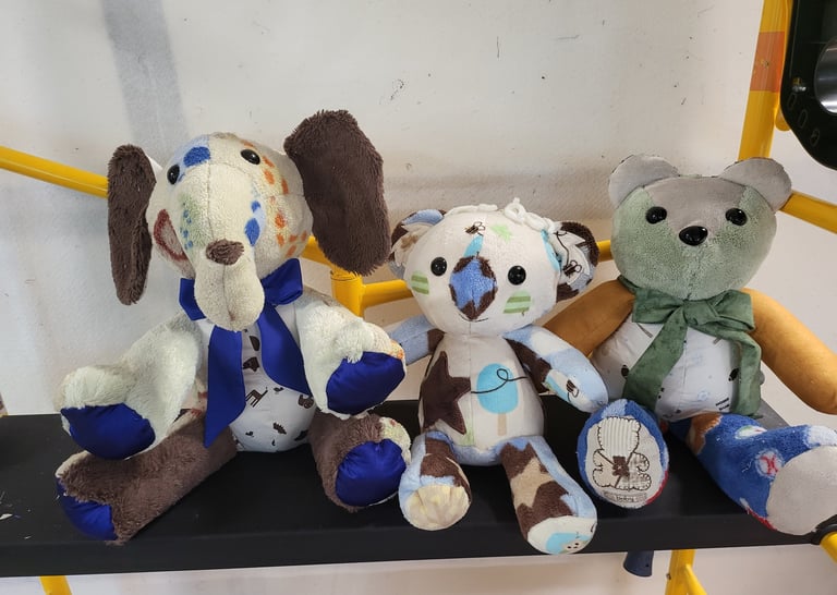 Memory teddy bears and keepsake stuffed animals created from clothing.