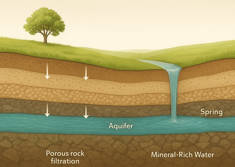 Diagram of spring water filtering through natural granite rock layers into a deep aquifer