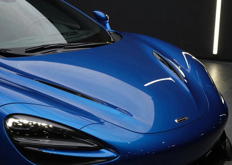 Dramatic automotive photography of a luxury sports car under linear LED studio lighting, sharp reflections on deep metallic blue hood, 35mm, high-contrast