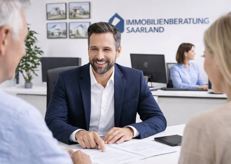 Professional real estate agent consulting a couple at Immobilienberatung Saarland office.