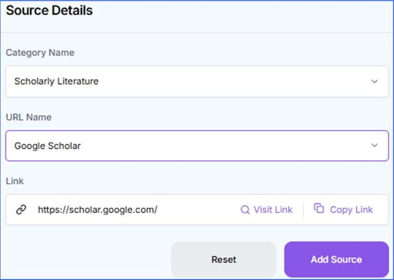 Screenshot of a source details form adding Google Scholar as a scholarly literature link.