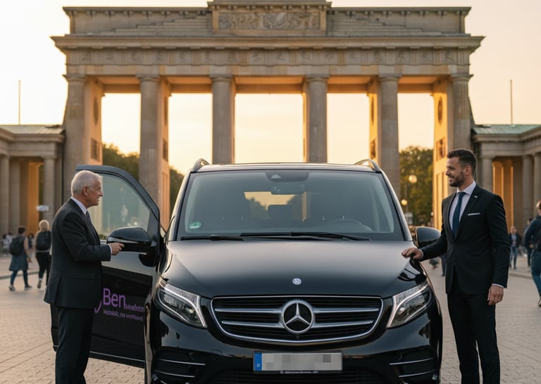 Persönlicher Chauffeurservice Berlin: Schwarze Mercedes V-Klasse mit dem Kunden am Brandenburger Tor