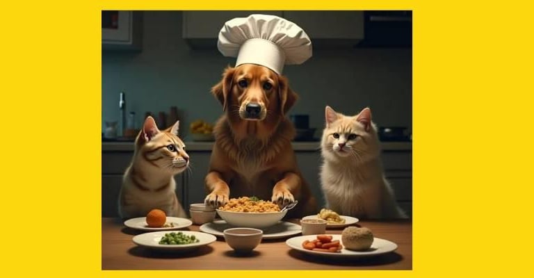 a dog and a cat are sitting at a table