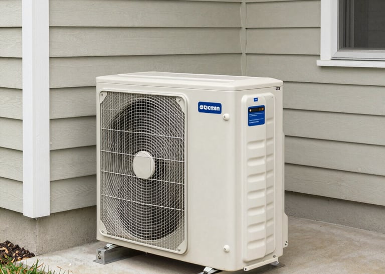A light-colored Daikin mini-split heat pump outdoor unit with a prominent fan grille sits on a concrete pad next to a beige