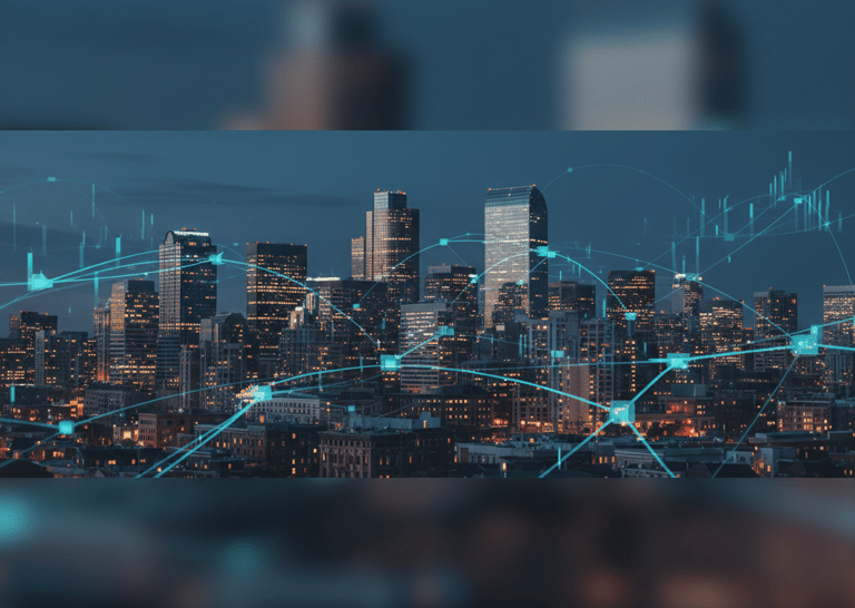 Digital smart city network connections overlaying a modern skyline at night with glowing data points.