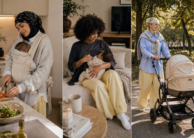 Femmes BEWOOMAN entre maternité, confort et style oversize chic, looks du quotidien modernes et inclusifs.