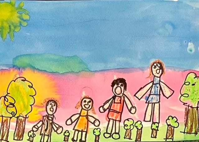 crayon and watercolor washed family portrait