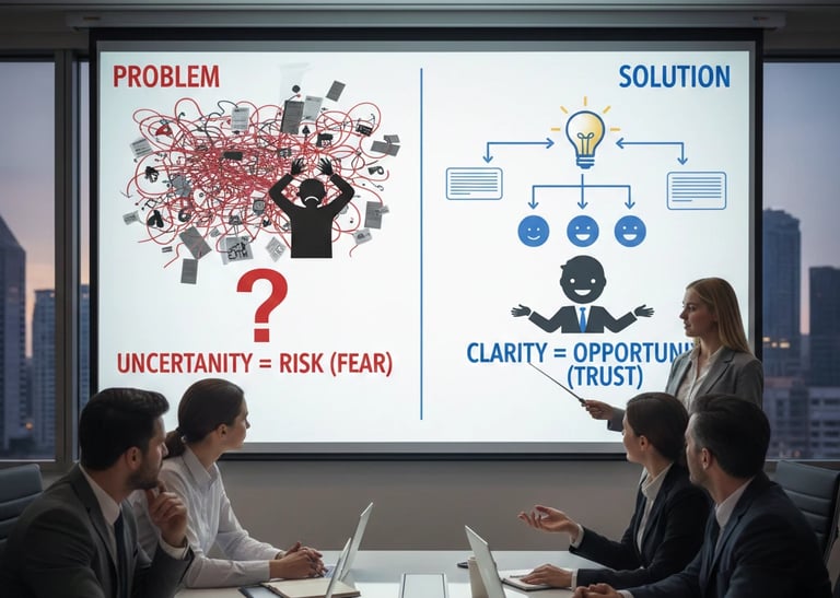 give photo Investor psychology behind problem and solution slides in a VC pitch deck.