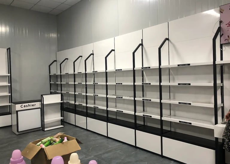 Empty white and black retail wall display shelves for skincare products in a store.