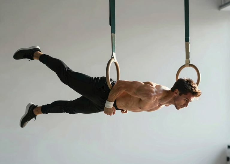 Dynamic side-lit shot of an athlete suspended on rings, high-contrast natural light highlighting muscle definition and joint alignment, clean minimalist studio background.