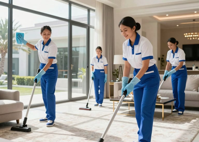 A professional cleaner using eco-friendly products to polish a modern office desk in bright daylight.