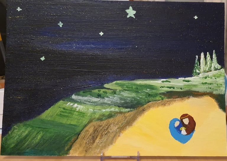 Réf : NAT240901. Grotte de la nativité. Support bois 30x21cm. 40€.