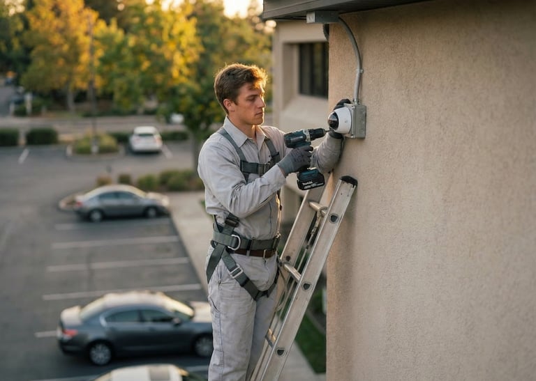 Security technician installing UniFi surveillance camera