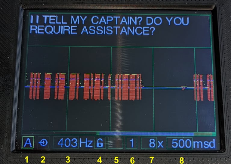 Screenshot of the ESP32 CW decoder/trainer in analysis mode