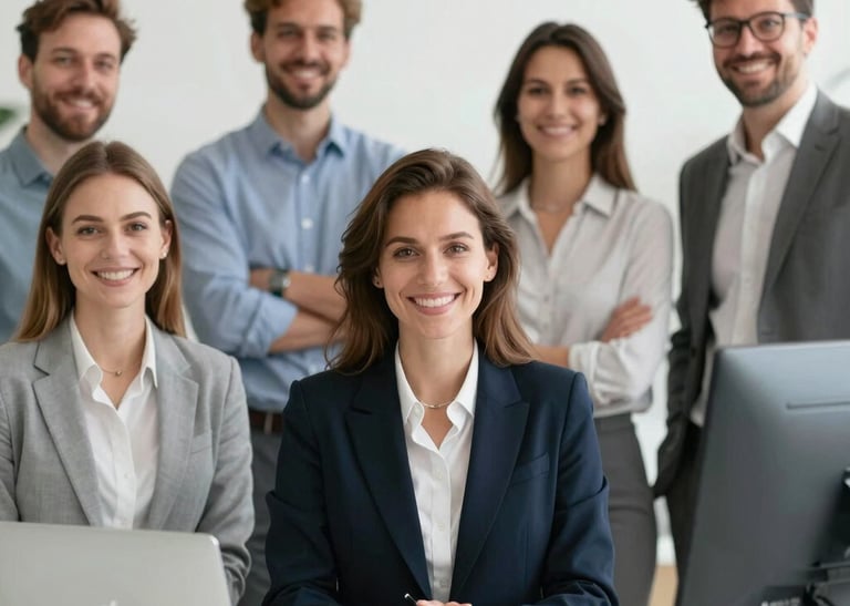 A warm office meeting with diverse professionals collaborating over documents and laptops.