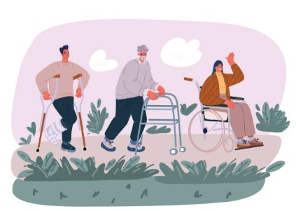 Diverse people using mobility aids including crutches, a walker, and a wheelchair in a park.