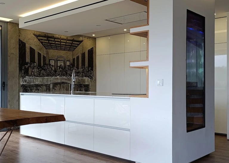 Large scale charcoal mural of The Last Supper by Axel Atelier, integrated into a minimalist luxury k