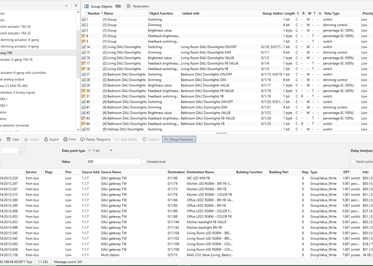 Screenshot of ETS software interface showing KNX group addresses and DALI gateway lighting control parameters.