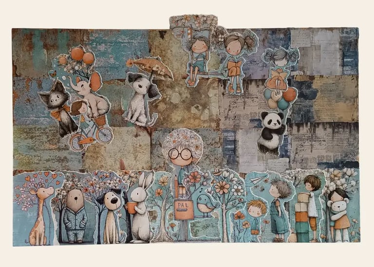 Regali nascita personalizzati, grande quadro collage materico con panda, giraffa, elefante e bimbi illustrati. - Guance Rosse