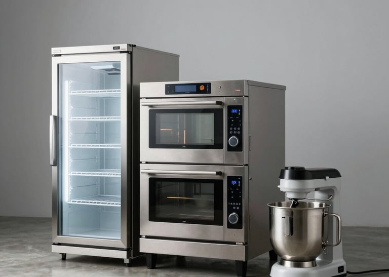 Display of industrial refrigeration units and ovens in a showroom setting.