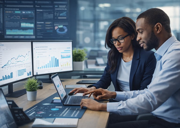 Solutions numériques pour entreprises : équipe travaillant sur laptop avec tableaux d'analyse et tec