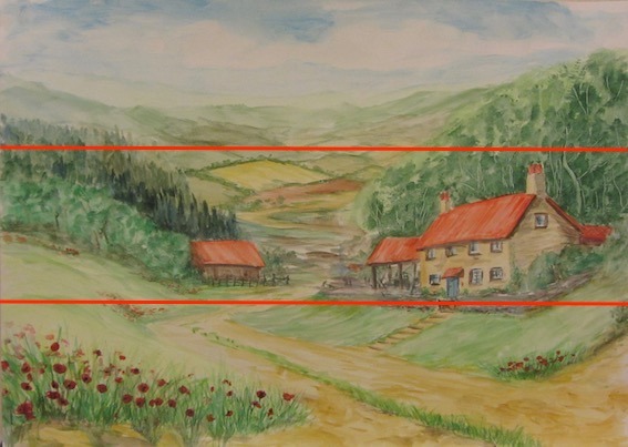 Watercolour painting by Angela Birchall of farmhouse and buildings with poppy flowers in foreground