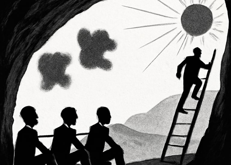 A cave with three man changed looking outside with another man climbing a ladder towards sun.