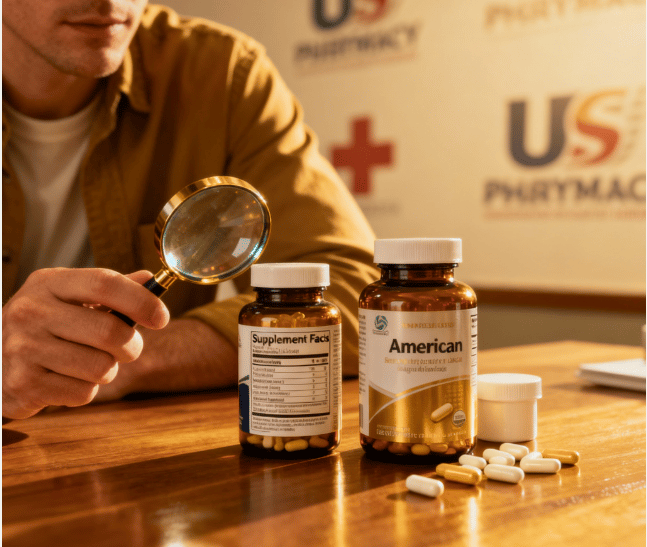 Supplements guide main image: bottles, pills, and label reading for beginners in America
