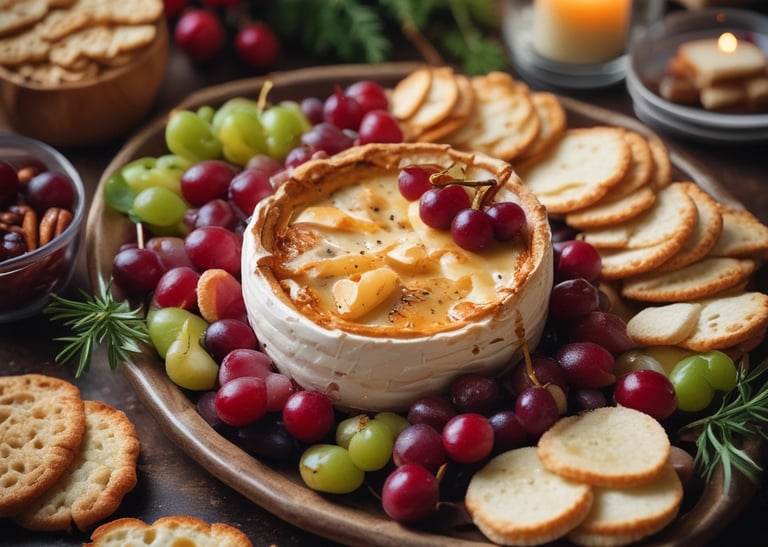 Baked brie appetizer served with crackers and fruit
