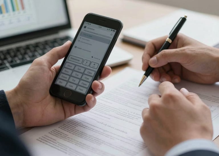 Close-up of hands reviewing tax documents with a calculator and laptop.