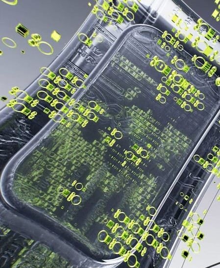 a cell phone with a green screen and a cell phone