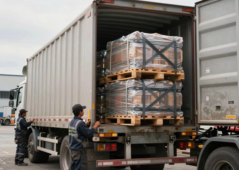 Close-up of a freight truck being loaded at a warehouse dock, workers in work clothes stacking pallets, cargo straps visible, overcast daylight through open dock door, documentary style