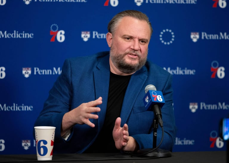 Daryl Morey during a press conference for the 76ers