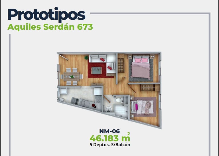 ASER Caracteristicas Departamento. Plano con 2 recamaras, sala comedor, baño y cocina. 46 mts2