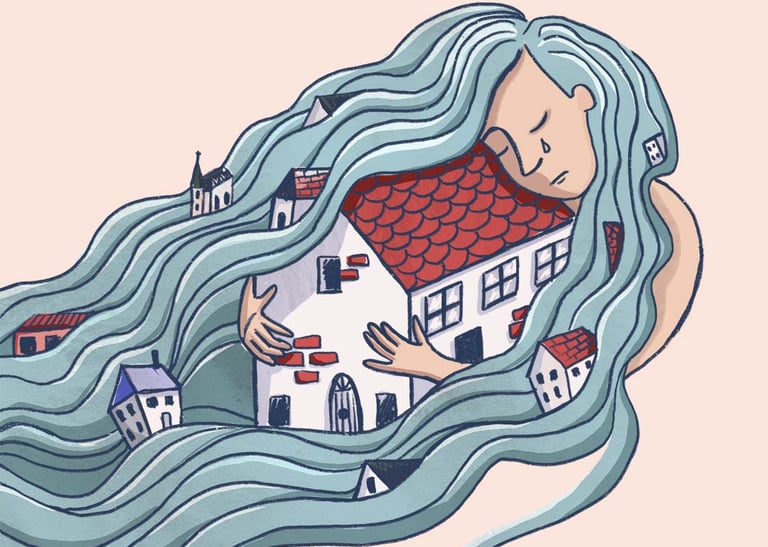a woman with long hair and a house in the background