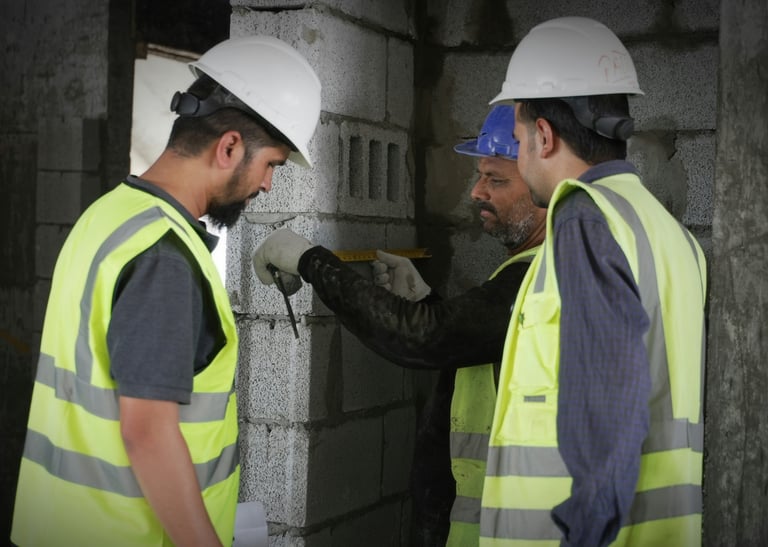 Construction workers in hard hats and safety vests measuring a cinder block wall at a building site.