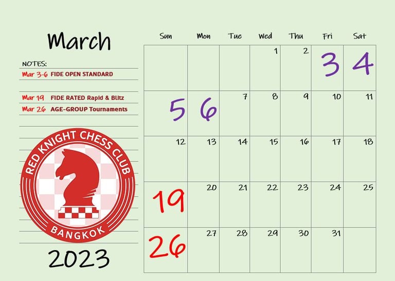 Red Knight Chess Club Tournament Calendar 2023 for first 4 months. Thailand Chess. Bangkok Chess