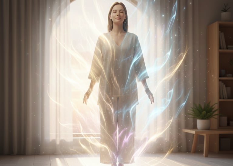A woman standing in natural light with a glowing aura effect, representing renewed energy