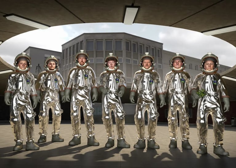 Group shot of Human Studio depicted as a group of astronauts dressed in silver space suits.
