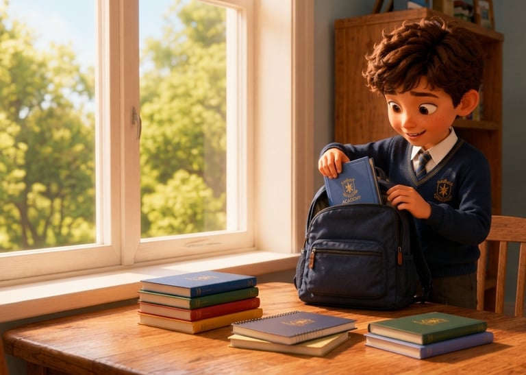 A young boy in a school uniform packs a blue backpack with books for back-to-school season.