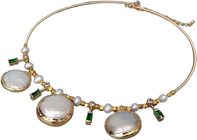 Cultured White Coin Pearl Potato Pearl Cz Pave Choker Charm Necklace 