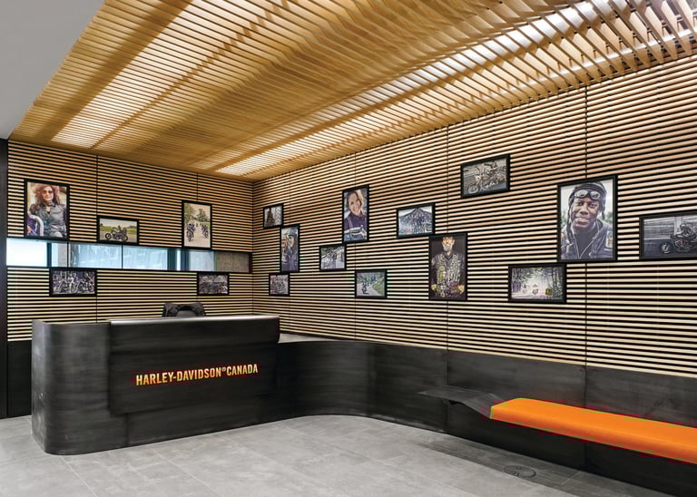 High-res front desk of Harley Davidson, with metal desk and features made by Pengelly