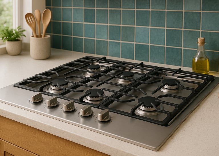 Six-burner gas cooktop in a modern kitchen with teal tile backsplash and wood cabinets.