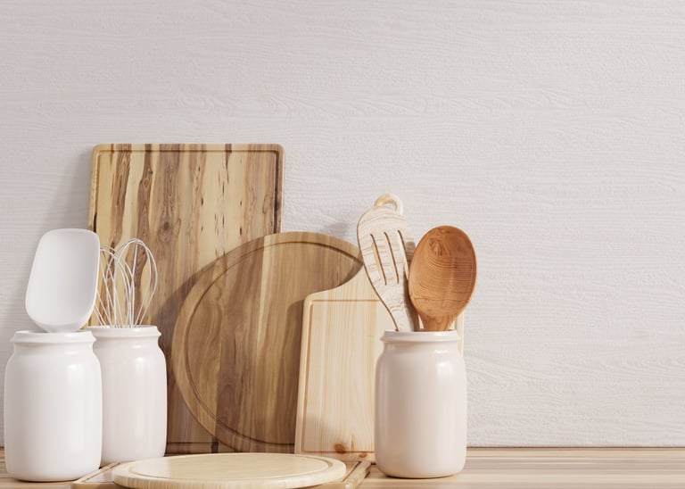 a kitchen counter with a variety of utensils and utensils