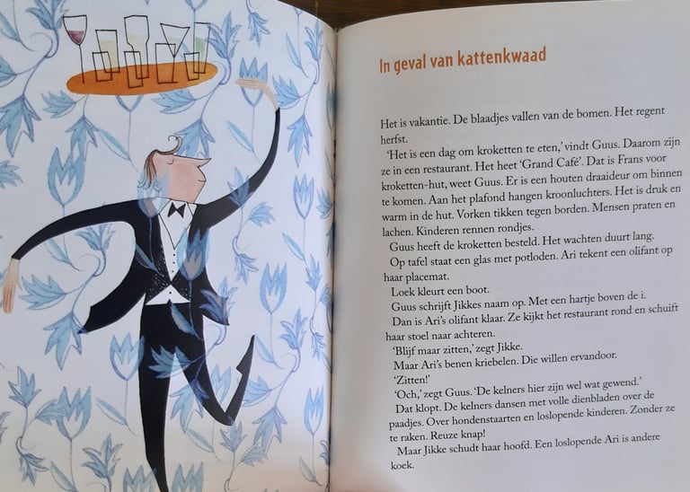 Hier zijn Ari en Loek, samengesteld gezin, dansende ober. Eten in een restaurant met kinderen