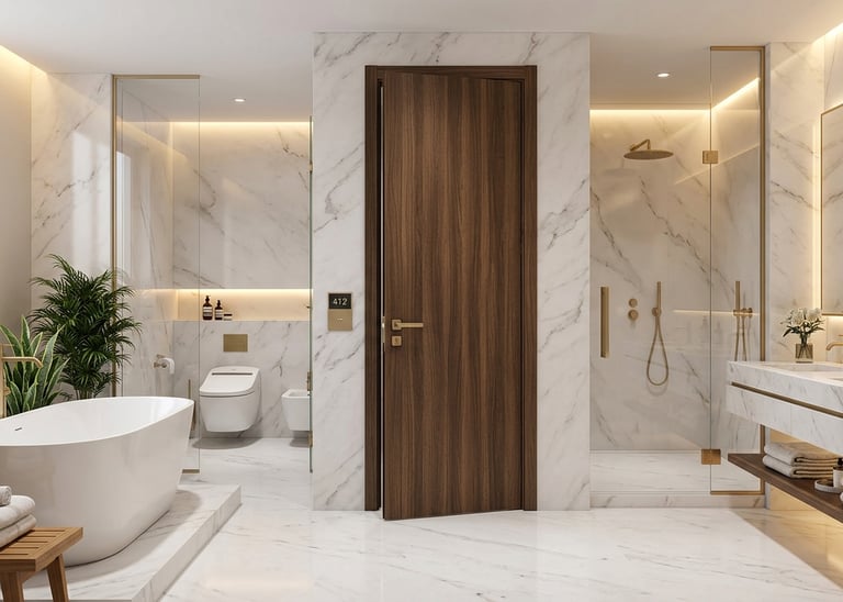 Luxury modern bathroom with white marble walls, a freestanding bathtub, gold fixtures, and a dark wood door.