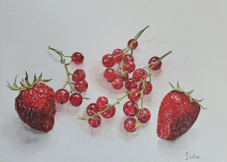 Strawberries and red currants in watercolour